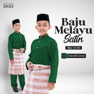 I.P Muslim✦EMERALD GREEN Baju Melayu Satin Budak Pasang Normal Cutting- Size 12-40 /Baju Raya Lelaki