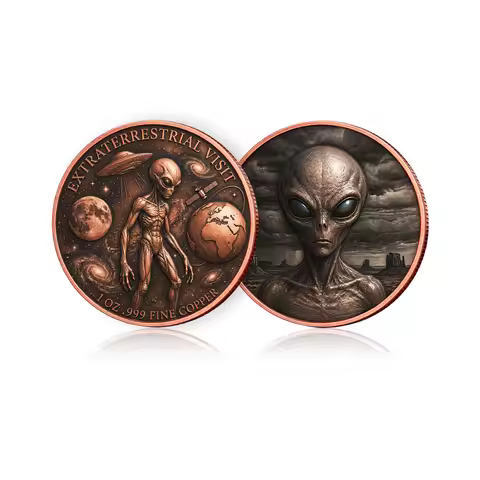 1oz .999 Fine Copper Grey Alien Coin UFO Earth Moon Space Desert Copper Challenge Coin UFO Enthusias