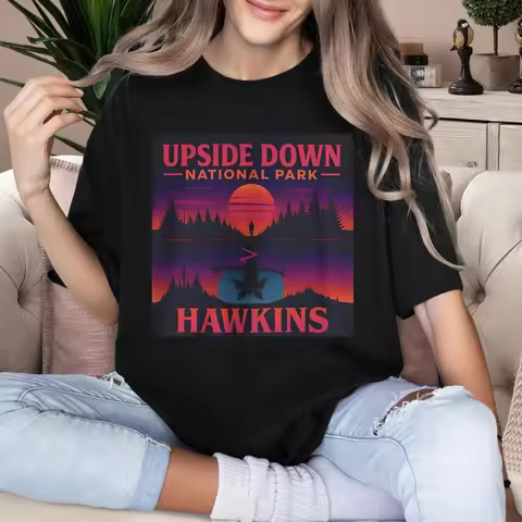 Hawkins Upside Down National Park T-Shirt: S-Stranger T-Things Retro 80s Style