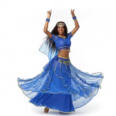 Women's Bollywood Indian Dance Costume Set Short Sleeve Choli Top Maxi Swing Skirt 7-Piece Sari Perf
