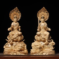 Cypress Carved Real Gold Drawing Gold Manjusri Samantabhadra Bodhisattva Ornaments Household Buddhis