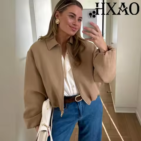 HXAO Women's Bomber Jacket Autumn Khaki Cropped Coat Long Sleeve Black Jacket Outerwear Street Zip U