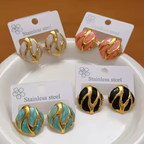 New Retro Gold Color Stainless Steel Colored Resin Drops Oval Teardrop-shaped Stud Earrings for Woma