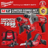 Milwaukee M12 Combo Set BRUSHLESS CORDLESS ROTARY HAMMER, PERCUSSION DRILL, IMPACT DRIVER, COMPACT HACKZALL POWER TOOLS