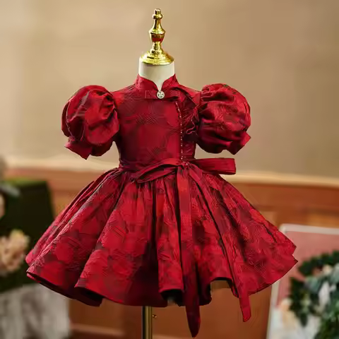 Summer New Children's Princess Ball Gown Kids Bow Puff Sleeve Design Wedding Birthday Baptism Party 