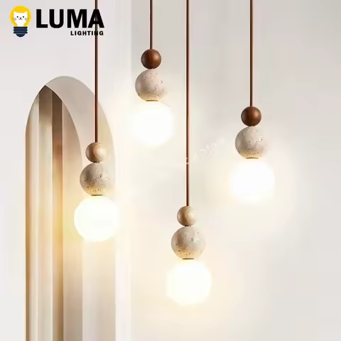 Luma Cream Style Yellow Travertine Pendant Lights, Nature Stone Wood Hanging Lamps for Bedroom Bedsi