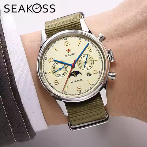 Seakoss 40mm1963 MultiFunction Men's Automatic Watches Calendar Week Month Sapphire Glass Nylon Stra