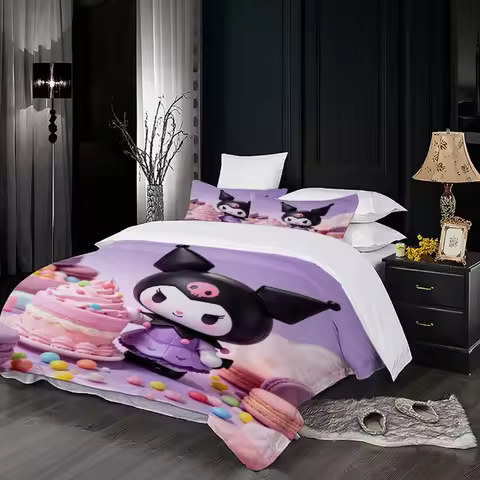 Kuromi Sweet Treat Bedding Set, Kawaii Print, Cute Kuromi with Pink Cake, Warm Microfiber Duvet Cove