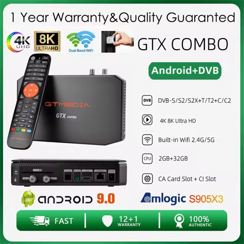 GTMEDIA GTX Combo Smart TV Box Android 9.0+DVB-S/S2/S2X,DVB-T/T2/C/C2,ATSC-T1.0/C,Support CA&CI Plus