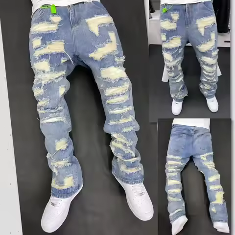 Vintage American Style Jeans High Street Tear Wear Resistant Clean Fit Denim Pants Hip Hop Culture H