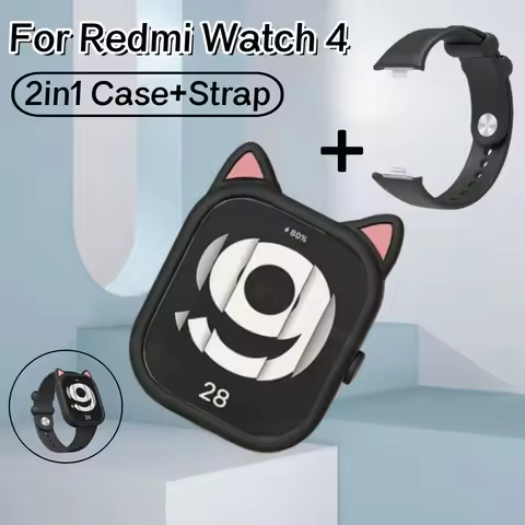 Case + Strap For Redmi Watch 4 Smart Watch Cute Cat Ear Cover Bumper Frame Protector Soft Silicone W