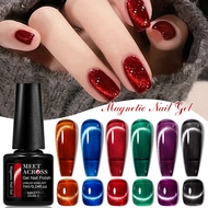 MEET ACROSS 7ml Shine Glitter Cat Magnetic Nail Gel Polish Sparkling Red Semi Permanent Soak Off Gel