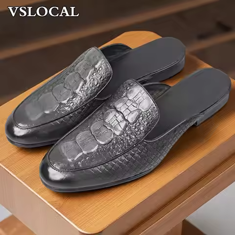 Luxury Brand Men's Half Shoes Black Coffee CROCO Causal Mens Dress Summer Shoes Breathable Genuine L