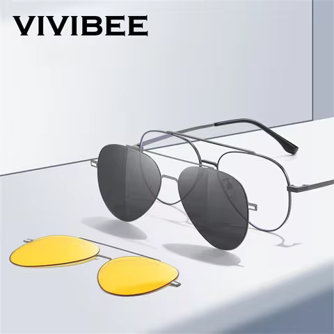 VIVIBEE Aviation Magnetic Polarized Clip On Sunglasses Pilot Men Night Vision Eyeglasses Frame UV400