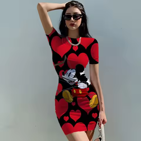 Disney Mickey Mouse Woman Dresses Elegant Dress Office Tight Slim Lady O Neck Summer Casual Cartoon 