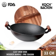 KOCH&BACKEN Cast Iron Wok Flat Bottom With Wooden Handle and Lid 33cm - Wajan Penggorengan Panci Bes