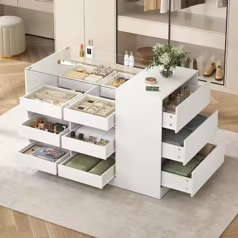 Closet Island with 15 Drawers, Glass Top & Display Shelves, White Wardrobe Armoire for Bedroom