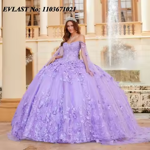 EVLAST Customized Lavender Quinceanera Dress Ball Gown Butterfly Applique Beading Cape Sweet 16 Vest