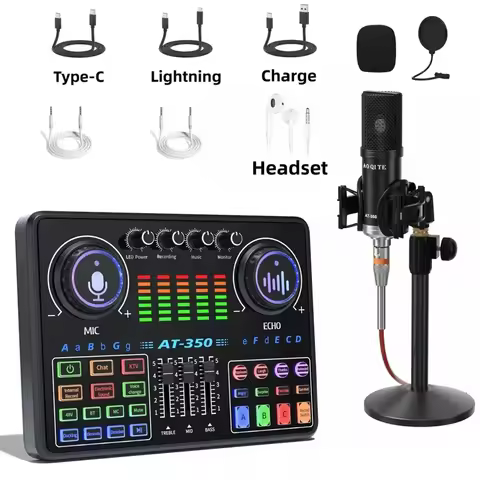 AT350 48V Live Sound Card Noise Reduction AT350 Microphone Desktop Stand Studio Mixer Singing Voice 