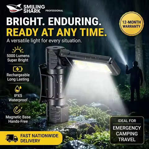 Smiling Shark COB Flashlight Super Bright Magnetic Work Light 180° Flip Foldable Headlight 4Modes Ty