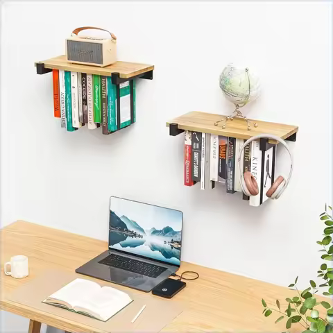 2-piece floating bookshelf set, pine wood concealed bookshelf, wall-mounted bookshelf, unique mounte