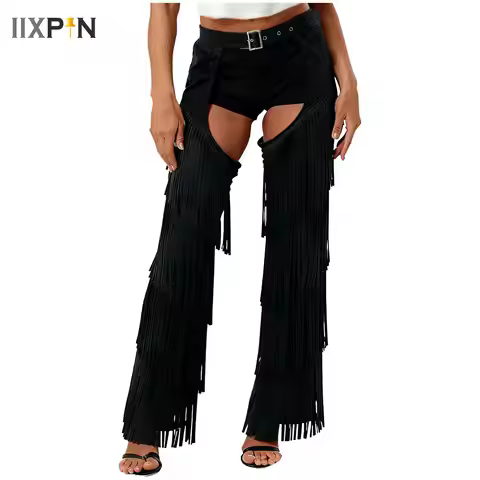 Womens Cowboy Cowgirls Flannel Long Pants Adjustable Waist Open Crotch Biking Riding Cowgirl Chaps H