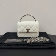 Chanel 香奈兒 22S 荔枝紋牛皮琺瑯手柄 Mini 小廢包 白