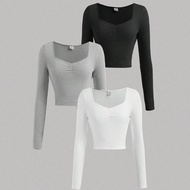 3pcs/Set Teen Girls Monochrome Ruched Knit Tops T-Shirts (Buy 1 Get 2 Free)