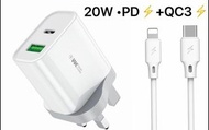 20W PD USB-C 雙插頭快速充電器 + Type-C to Lightning PD充電線2米 for iPhone Lightning