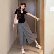 【00118v3o55u28.my】  外穿高腰设计感裤裙直筒阔腿休闲裤显瘦遮肚开叉中长款大摆裙Wearing high waisted design pants skirt with straigh