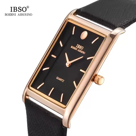 IBSO 7MM Ultra-thin Rectangle Dial Quartz Wristwatch Black Genuine Leather Strap Watch Men Classic B