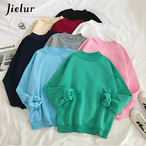 Jielur New 9 Colors Pink Green O-neck Hoodies Women Winter Autumn Pullover Sweatshirt Female Pure Co