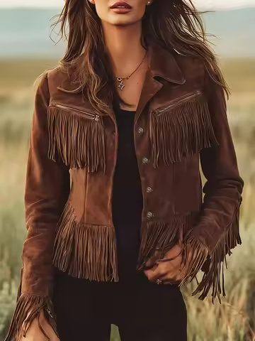 Women's Vintage Brown Suede Fringe Jacket Cropped Slim Fit Tasse Outerwear with Western Yoke Design 