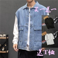 春夏秋牛仔外套男宽松无袖马夹潮流工装坎肩马甲Spring, summer, and autumn denim jackets for men, loose fitting sleeveless, an