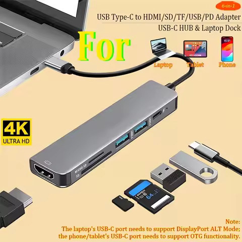 6-in-1 USB-C HUB Type-C to HDMI SD TF USB PD Adapter Laptop Dock for MacBook Surface matebook magicb