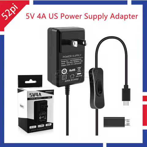 52Pi Raspberry Pi 4 5V 4A Power Supply Adapter with Switch-on/off US/EU Plug Charger Cable Type-C fo