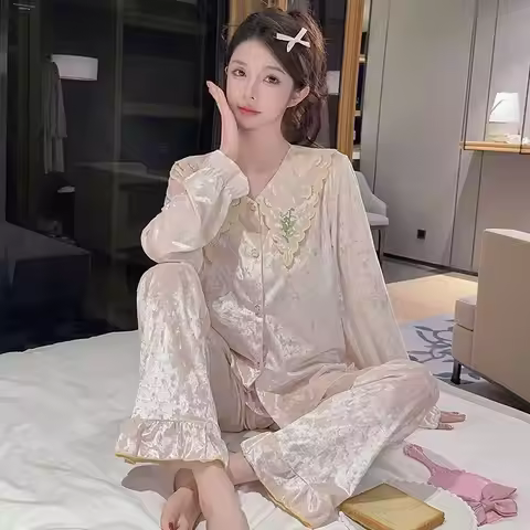 Kawaii Sleepwear Women's Pajama Set Spring Autumn Home Set New Style Sweet Princess Gold Velvet Diam