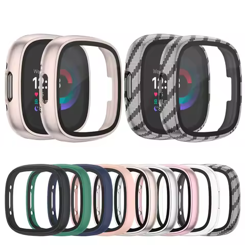 Glass Case For Fitbit Versa 4/Sense 2 Full Cover HD Tempered Glass Screen Protector Bumpe Shell For 