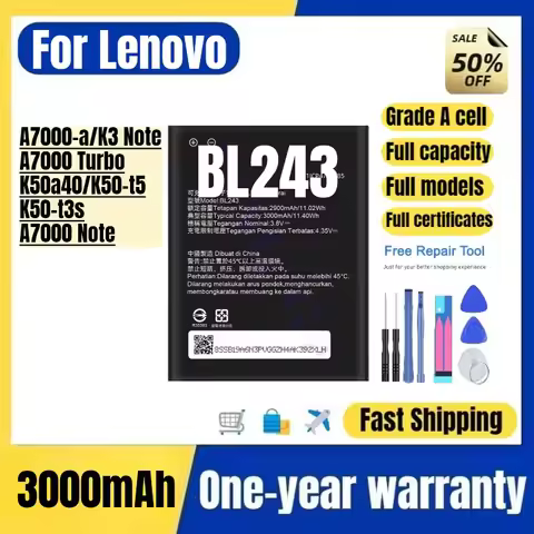 BL243 for Lenovo A7000-a/K3 Note/A7000 Turbo/K50a40/K50-t5/K50-t3s/A7000 Note Phone Battery Replacem