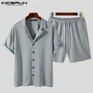 INCERUN Mens Summer Comfy Short Sleeve Shirt+Drawstring Shorts Causal Set