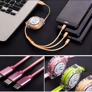 3-in-1 Fast Charging Roll Charger Cable 2.4 Changer Pull-Out Charger Cable - Black - Mobile Phone & 