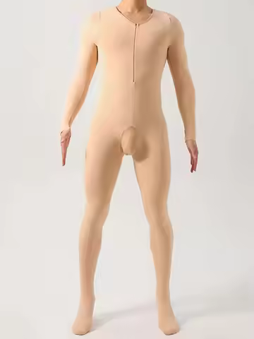 Unisex Thin Thick Fleece Bodystocking Autumn Winter Warm Catsuit Zipper Open Crotch Bodysuit Tights