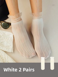 2雙/包女士奶白色夏季超薄蕾絲頂部透明絲襪絨面蘑菇邊透氣連褲襪，適宜日常穿著