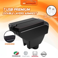 7USB Double Layers Armrest Adjustable Cup Holder Arm rest Perodua Axia Myvi Bezza Almera Honda City 