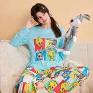 Collaboration Women's Sleepwear, Tweety Bird Colorblock Plaid Long Sleeve & Pants Pajama Set