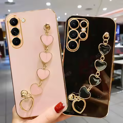S 25 24 23 Luxury Plating Love Heart Bracelet Chain Case For Samsung Galaxy S25 S24 S23 Plus Ultra F