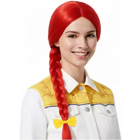 Bright Red 61cm Long Straight Wig Braided Pony Tail Yellow Bow Synthetic Glossy Cosplay Daily