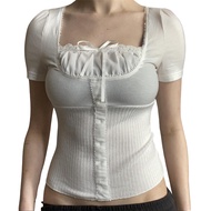 เสื้อกล้าม Y2k ซิงเกอร์เสื้อยืดถักแบบผู้หญิงเสื้อแขนสั้นมีปกสี่เหลี่ยมเสื้อยืดสไตล์กรันจ์แฟร์รี่2000