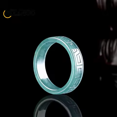 High-grade Natural Jadeite Blue Water Antique Pattern Square Ring Hand-carved Personalised Fashion M