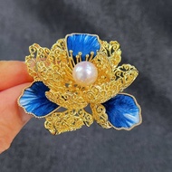 DIY Accessories Chinese Style Blue Velvet Flower Peony Brooch Copper Gold-Plated Zircon Classy Pin P